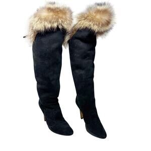 Manolo Blahnik Black Suede Fur Trim Knee High Boots 39.5 Point Toe Stiletto Heel